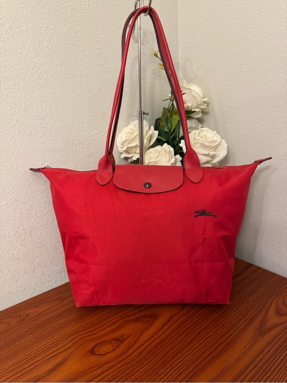 Longchamp Red Nylon Tote with Leather Trim and Top Flap